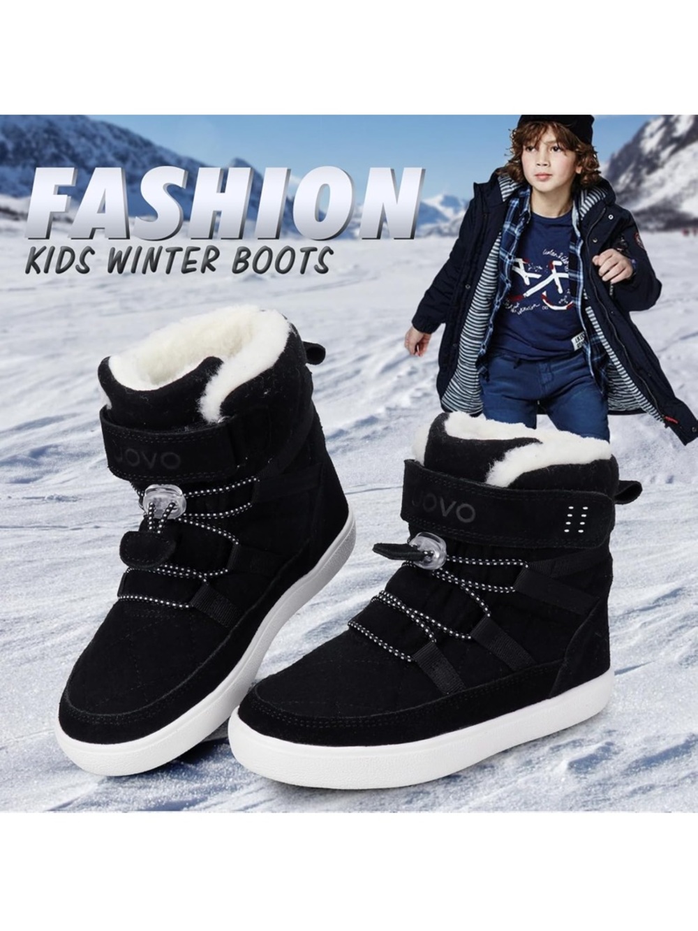 UOVO Boys Snow Boots Winter Waterproof Slip Resistant Fur Lined Outdoor Shoes